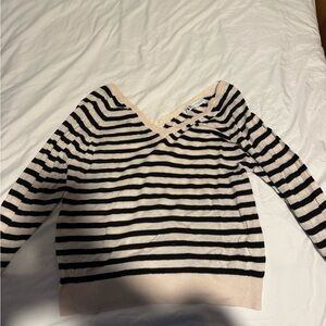 Zara Black and Cream Striped V-Neck Sweater